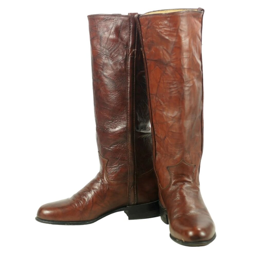 Justin Marbled Brown Leather 16" Tall Riding Boots Vintage US Made Women 6 B-689